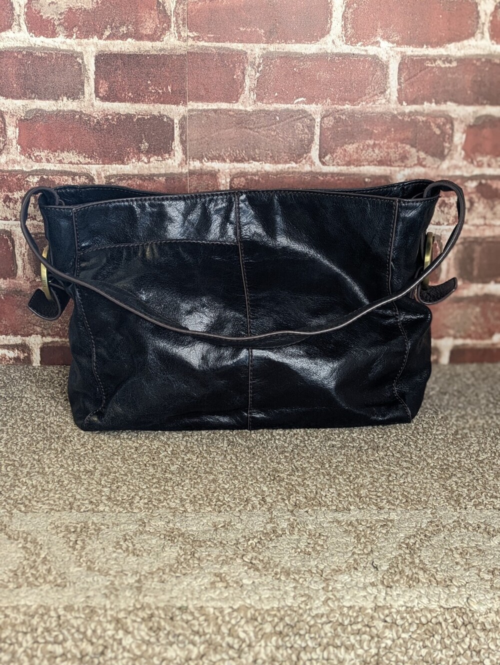 HOBO Render Shoulder Bag Black Polished Leather Purse